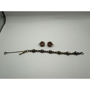 Vintage Victorian Cameo Bracelet Copper Signed Lisa 7" W/‎ Clip On Earrings